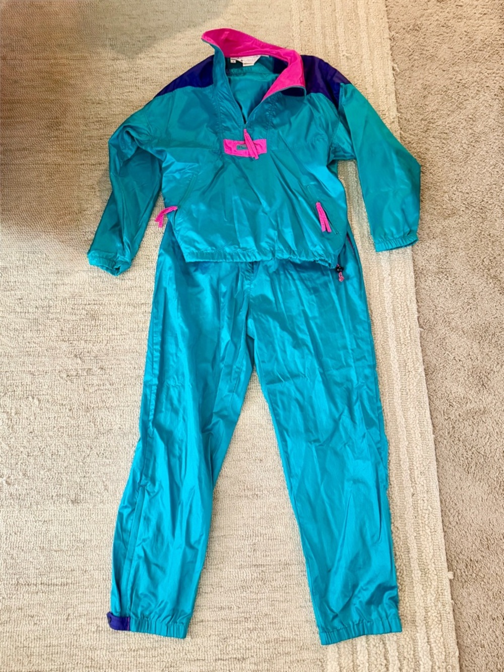 Vintage Teal & Pink Women's Windbreaker Jacket and Pants Set